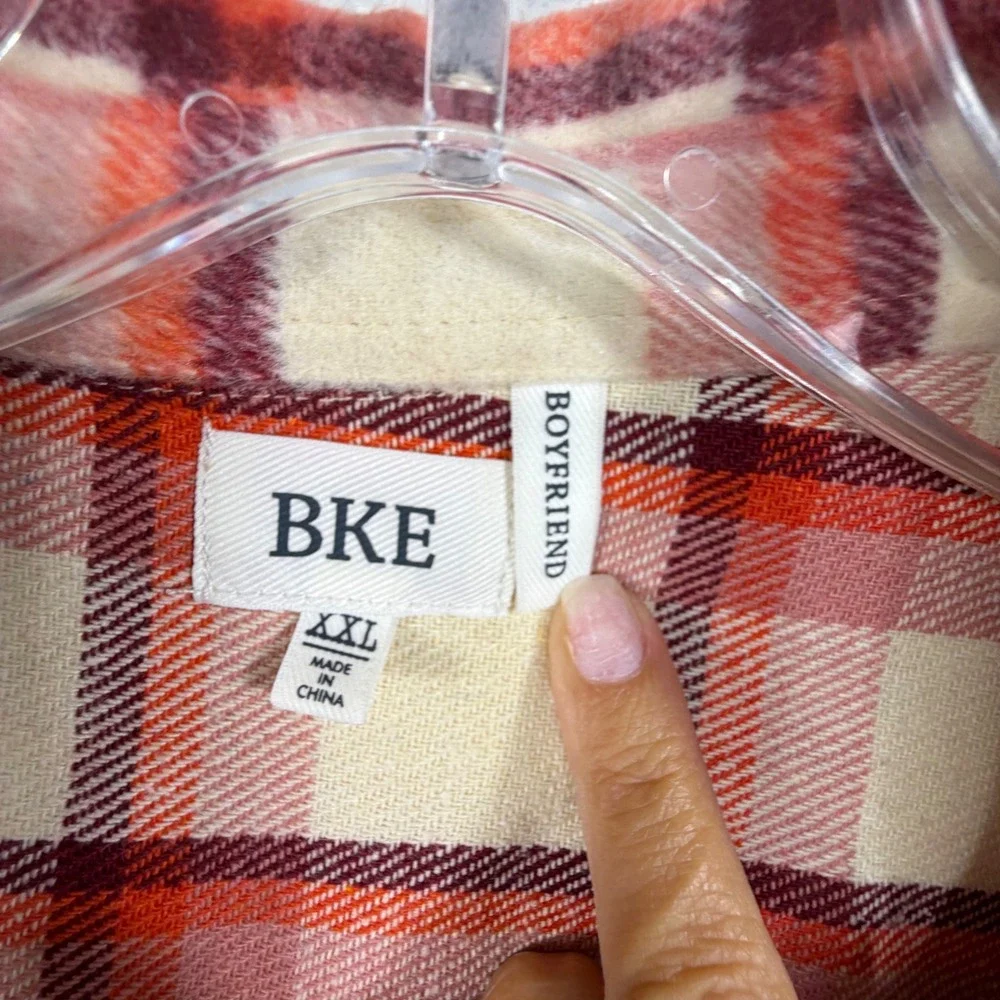 BKE Mens Plaid Flannel Button Up Shirt Long Sleeve Cream Orange Red XXL